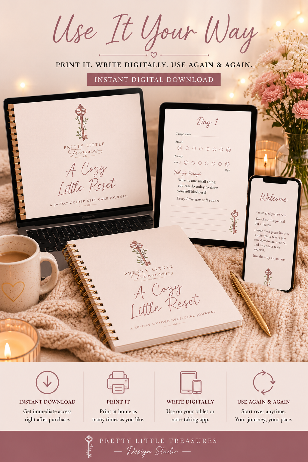 A Cozy Little Reset | 30-Day Guided Self-Care Journal | Printable PDF