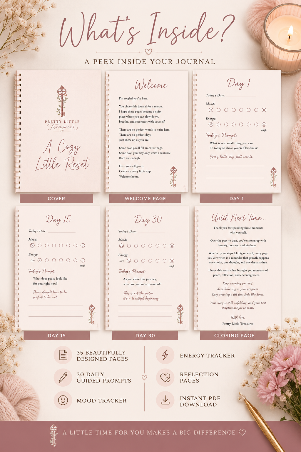 A Cozy Little Reset | 30-Day Guided Self-Care Journal | Printable PDF